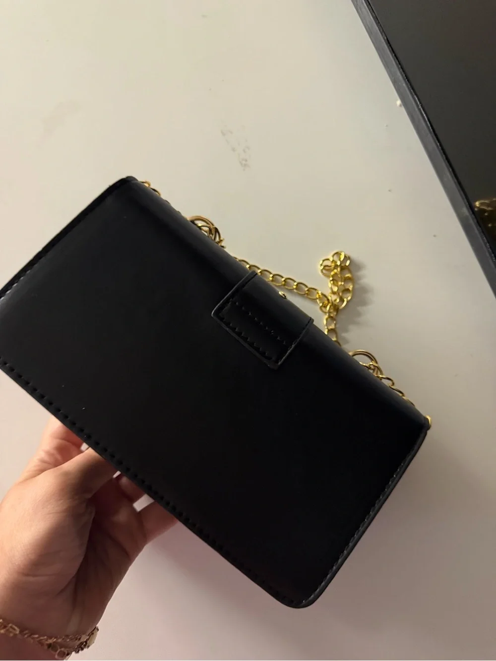 Black Women's Chain Shoulder Bag with Gold Bird Ring Accent